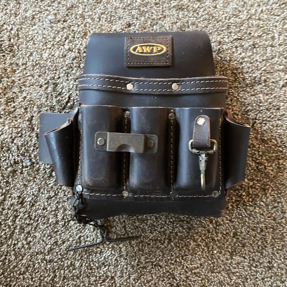 AWP 1LL-526 Leather Electrician Tool Belt Pouch Brown Heavy Duty Work Gear